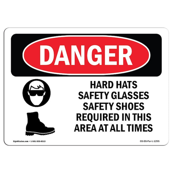OSHA Sign, Hard Hats Glasses Shoes Required, 5in X 3.5in Decal, 10PK, 5" W, 3.5" H, Landscape, PK10